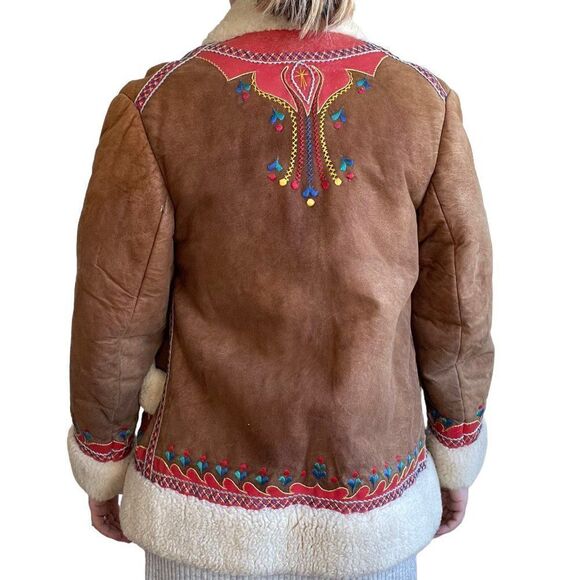 Vintage 70s Retro Shearling Handmade Folk Alfghan Polish Penny Lane Jacket Sz S - Picture 4 of 14